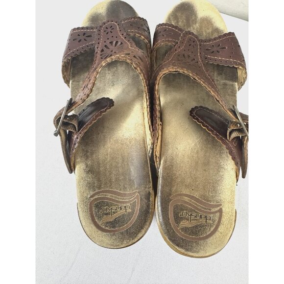Dansko Sapphire Brown Leather Laser Cut Wedge 8.5 Sandals Comfort Boho Artisanal - Picture 10 of 16